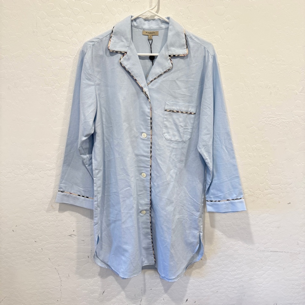 NWT Burberry Light Blue Pajama Sleep Shirt Women Small Nightgown Flannel Lounge